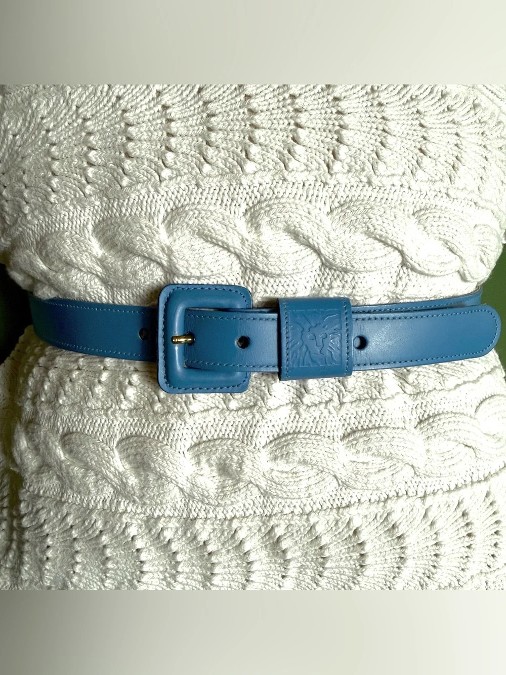 Anne Klein Sky Blue Leather Men's Belt with Embossed Logo